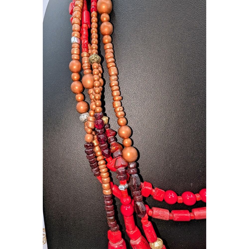 Chico's Five Strand Red Gold Silver Bronze Purple Stone Bead 22"-26" Necklace - Picture 7 of 11